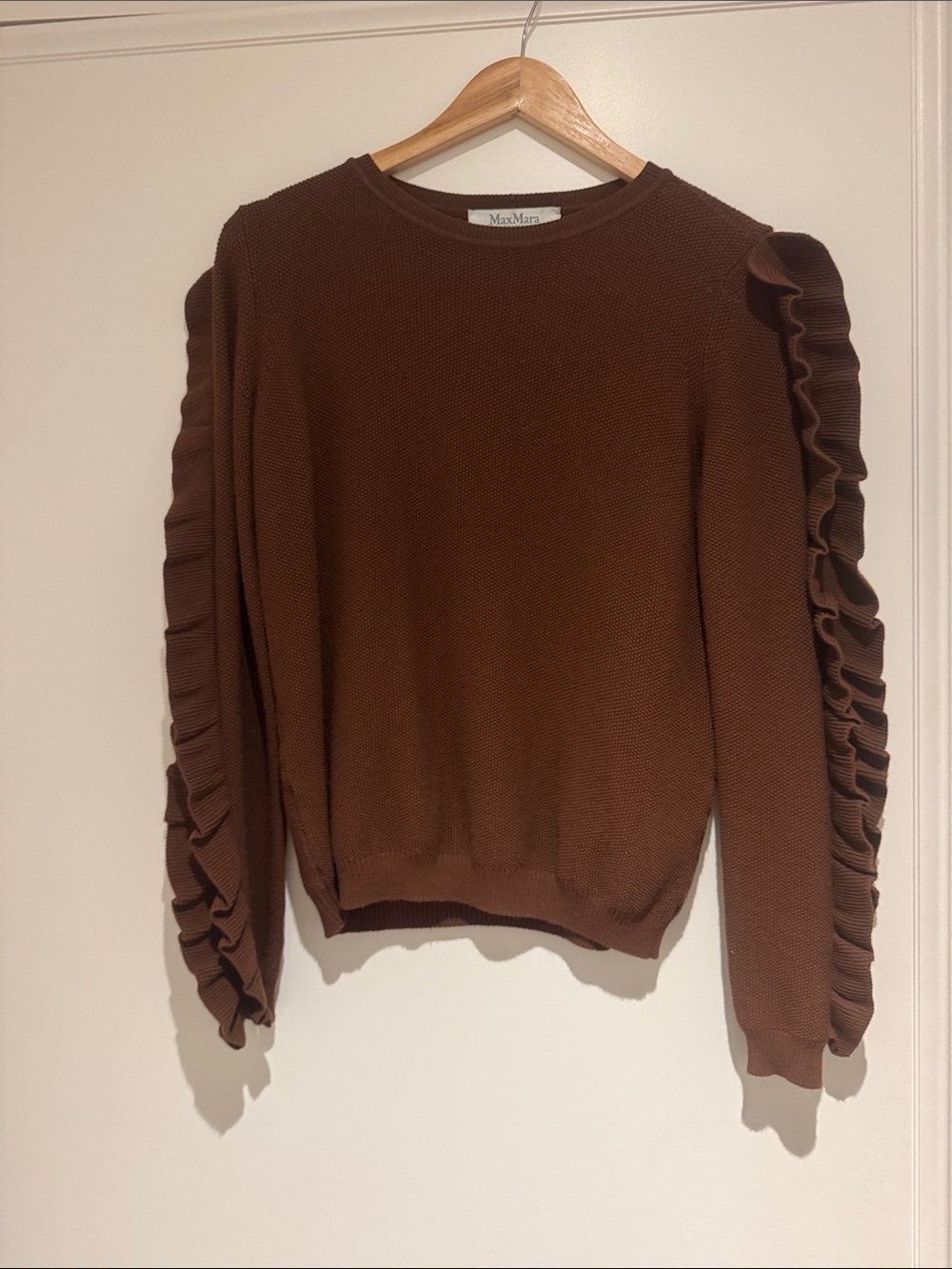MaxMara Chocolate Brown Ruffle-Sleeve Knit Sweater